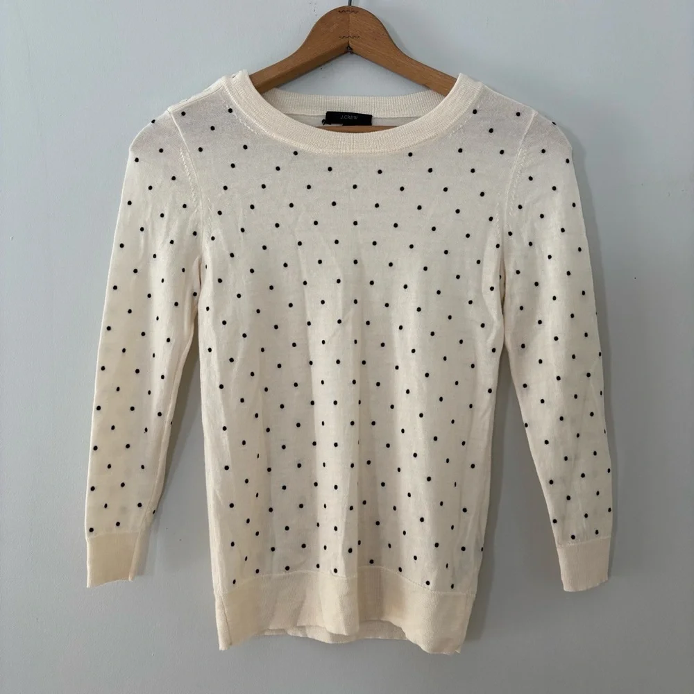 J.Crew Merino Wool Polka Dot Sweater Cream Ivory Crewneck Lightweight Sz XS
